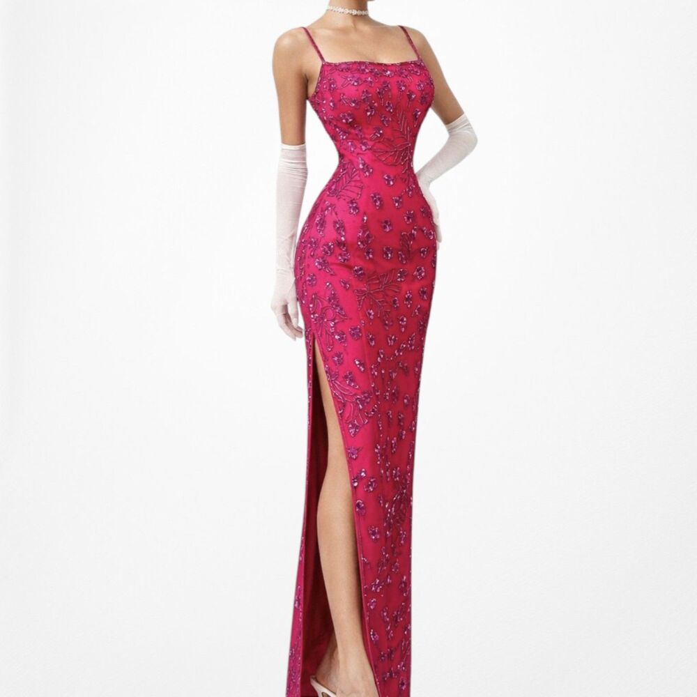 Vintage Pink Floral Beaded Silk Side Slit Bodycon Maxi Prom Dress Size S
